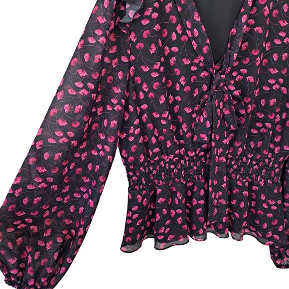 MILLY Floral Ruffle-Trim Tieneck Blouse Black Red Floral Top Size Medium - Picture 9 of 10